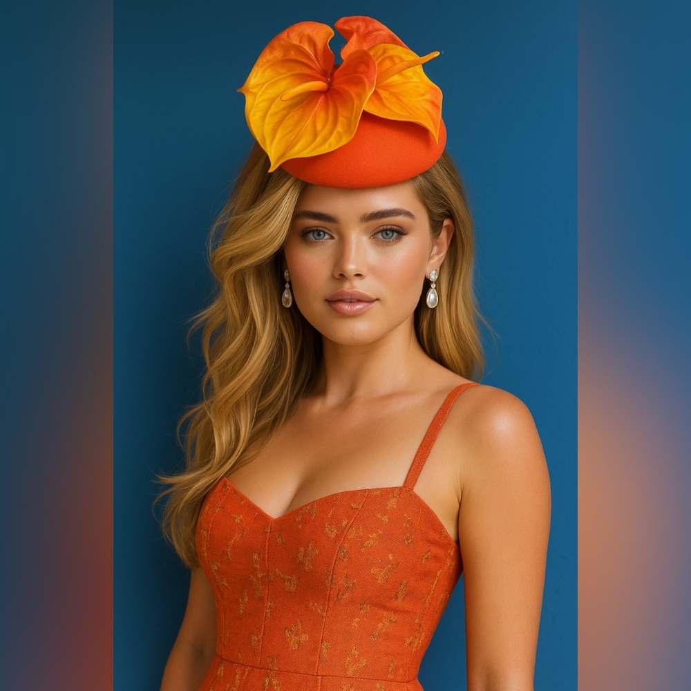 Bold Formal Fascinator – Equestrian, Tea, Statement Hat Tropical Felt Anthuriums